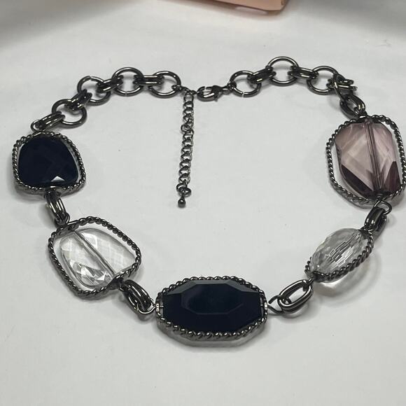 chunky chain link necklace black gray clear faux jewels in silver tone setting - Picture 5 of 10